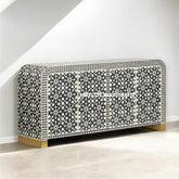 Bone Inlay Moroccan Design 4 Doors Waterfall Buffet Table Black | Bone Inlay Moroccan Design 4 Doors Waterfall Buffet Table Black